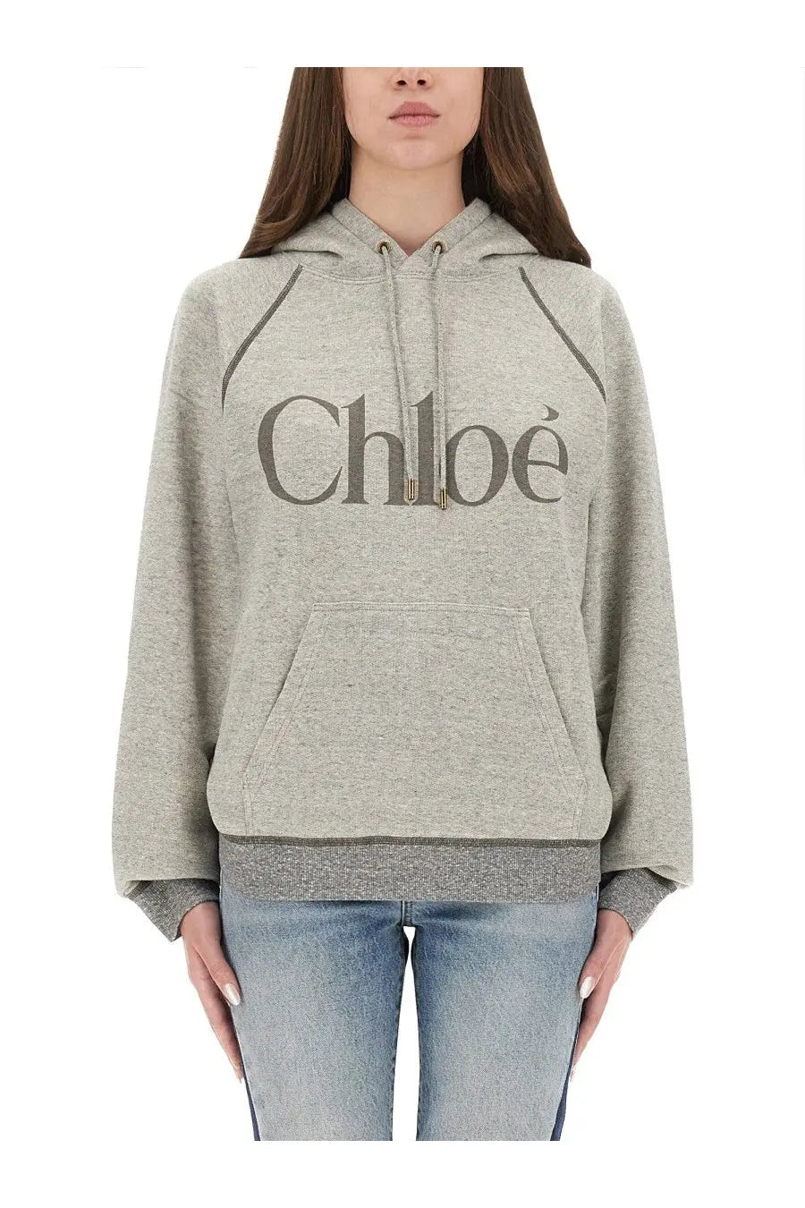 Chloé women’s oversized heather gray hoodie with bold front logo and contrasting dark stitching