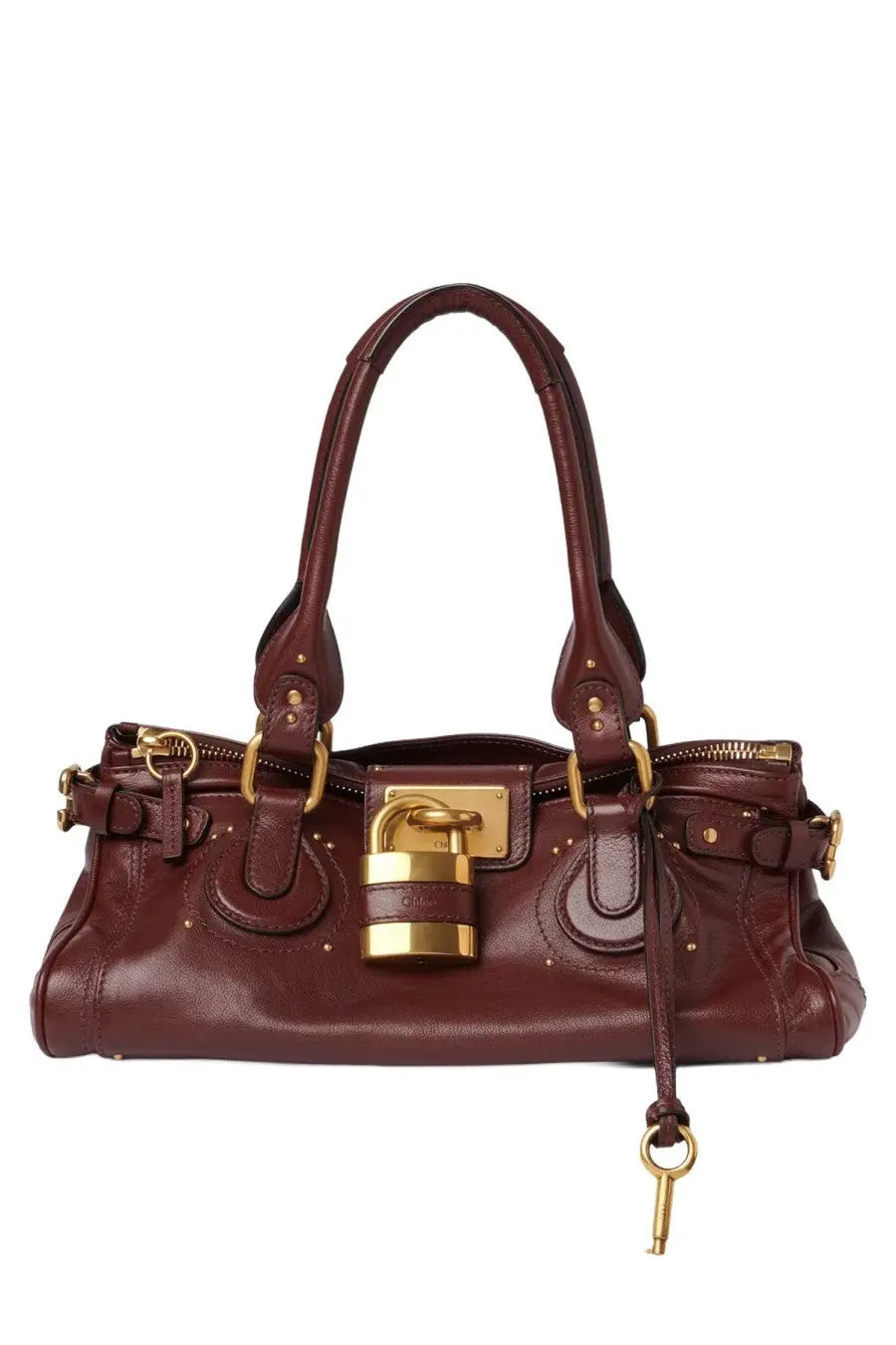 Chloé women’s Paddington bag brown burgundy leather handbag with gold-tone hardware and prominent padlock clasp