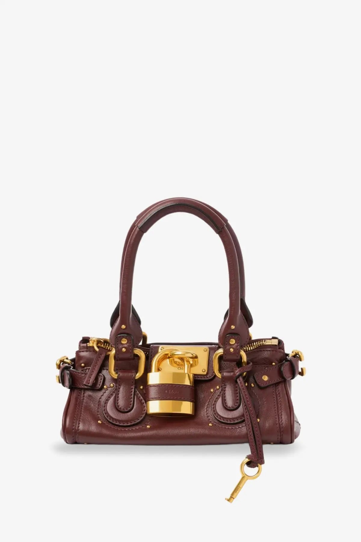 A burgundy chloé women’s Paddington leather shoulder bag with gold-tone hardware and a prominent padlock clasp