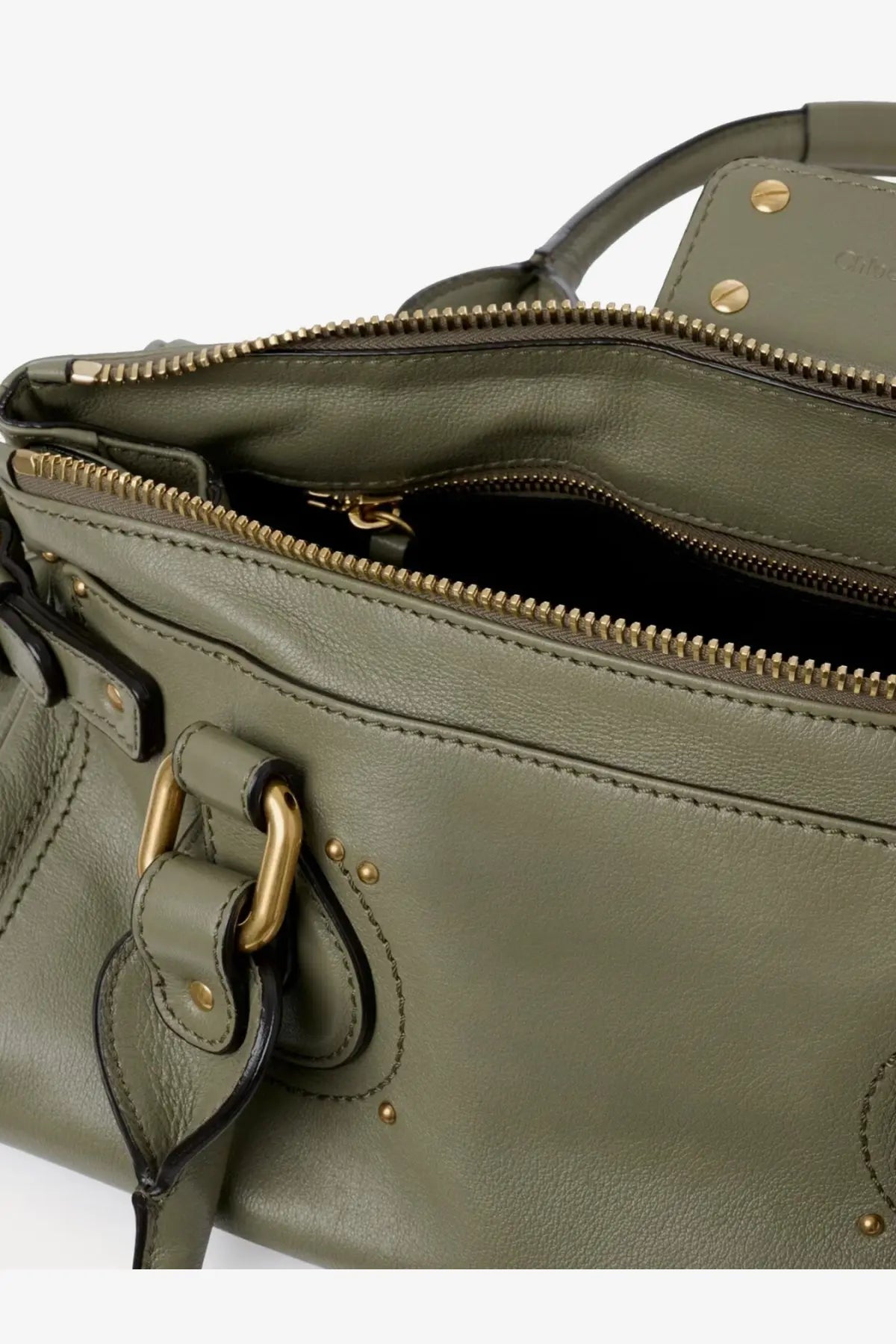 Chloé women’s paddington olive green leather shoulder bag with gold-tone hardware and studded details