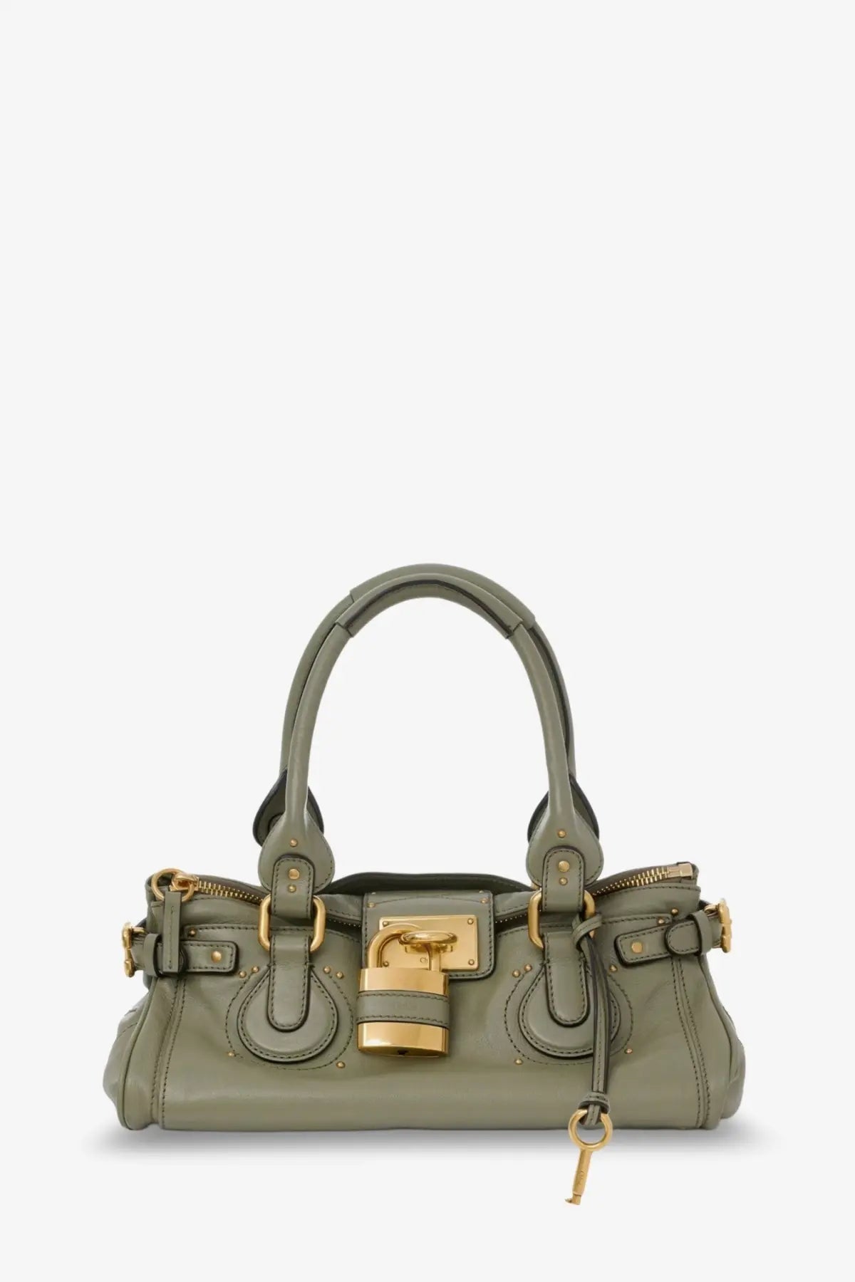 Chloé women’s olive green leather shoulder bag with structured design gold-tone lock and dual top handles
