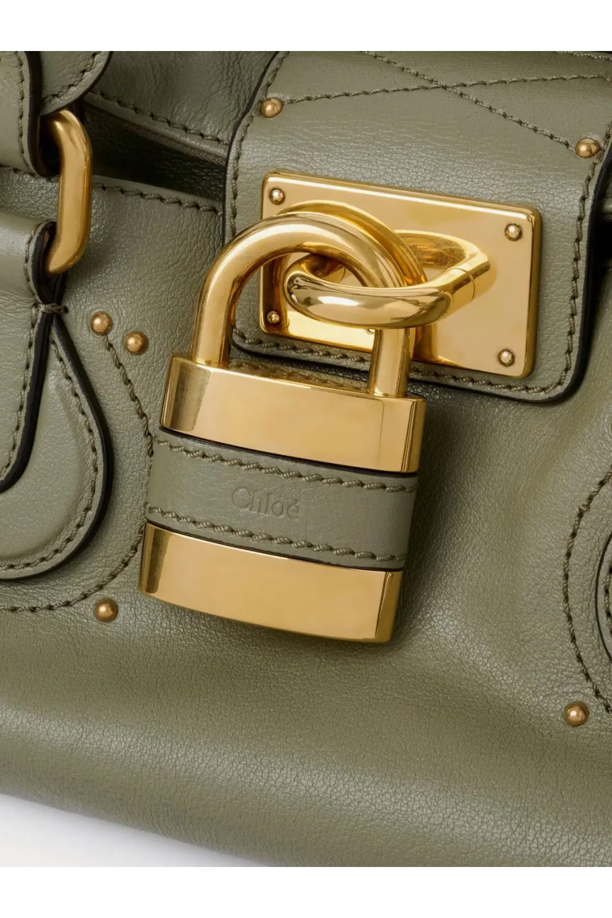 Olive green leather chloé women’s paddington shoulder bag with gold-tone padlock and brass hardware