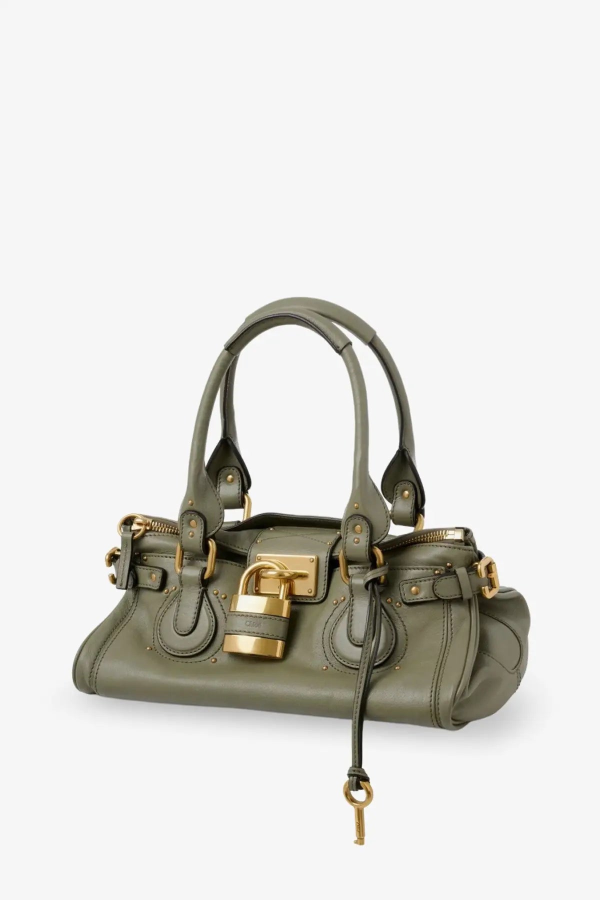 Chloé women’s paddington olive green leather shoulder bag with gold-tone hardware and prominent padlock closure