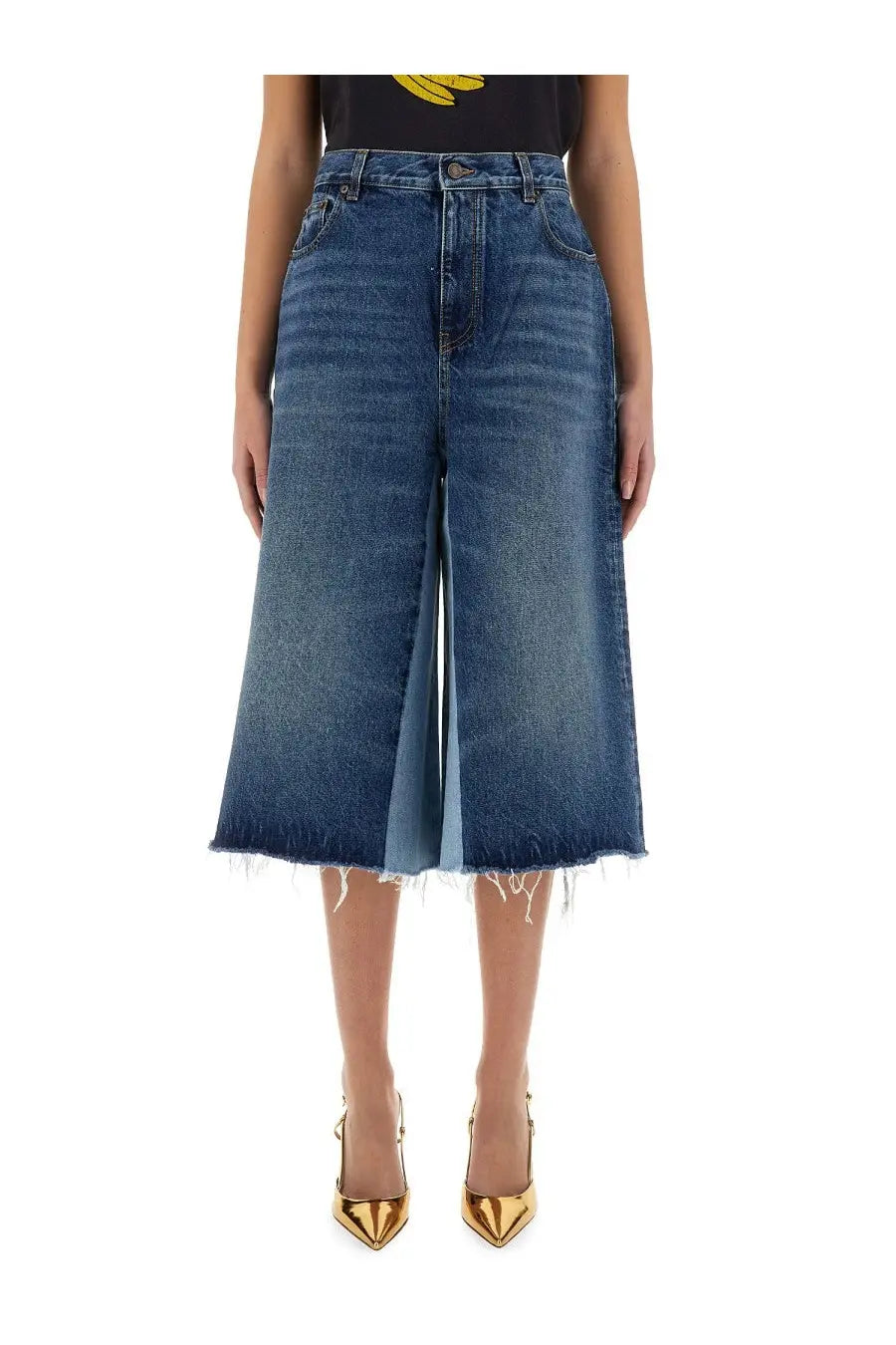 Blue denim wide-leg culottes with frayed hem from chloé women’s patchwork denim bermuda shorts collection
