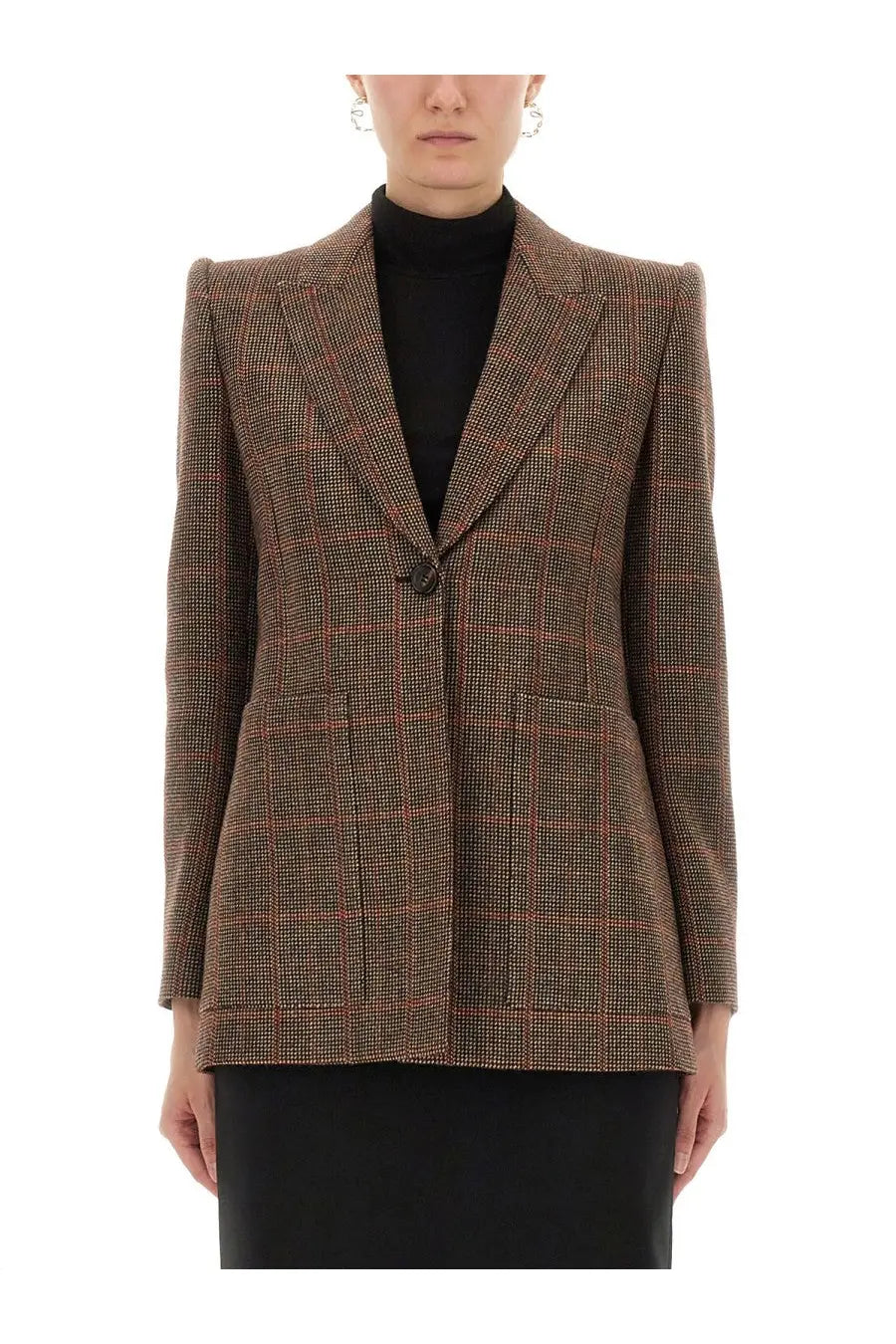 Chloé women’s brown and red plaid wool tailored blazer with notched lapels perfect for stylish outerwear