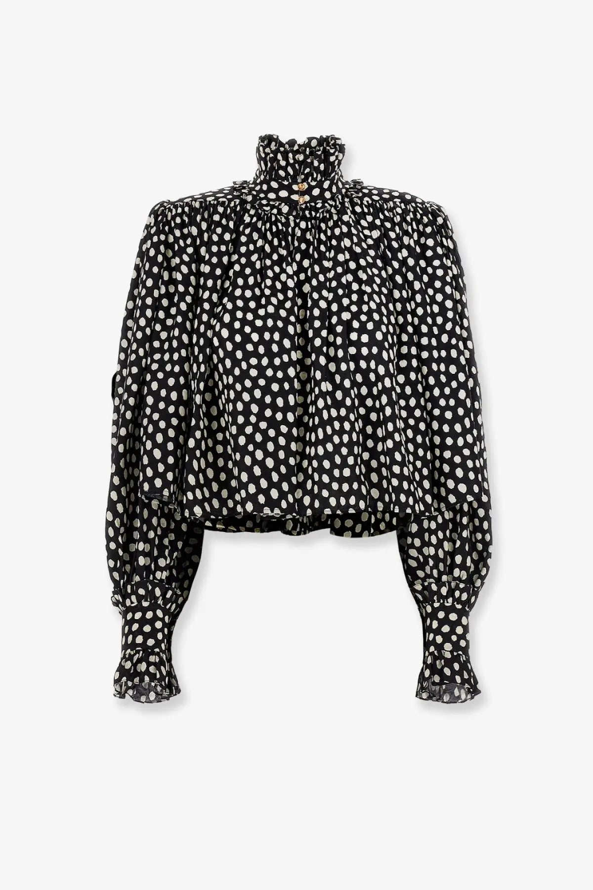 Chloé women’s black silk blouse with white polka dots featuring ruffled high neckline and puffed sleeves