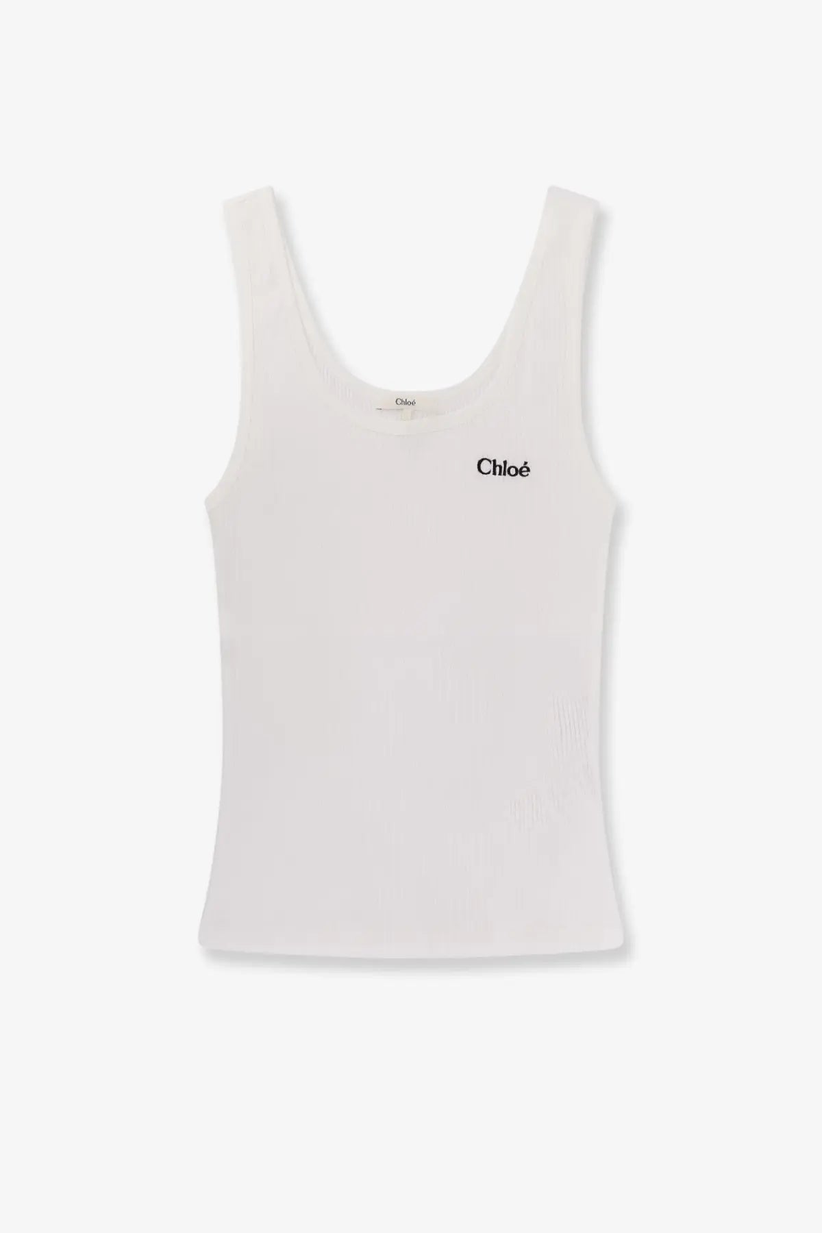 White ribbed cotton chloé tank top featuring a black embroidered logo for women