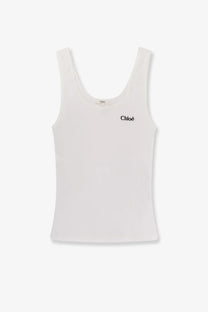 White ribbed cotton chloé tank top featuring a black embroidered logo for women