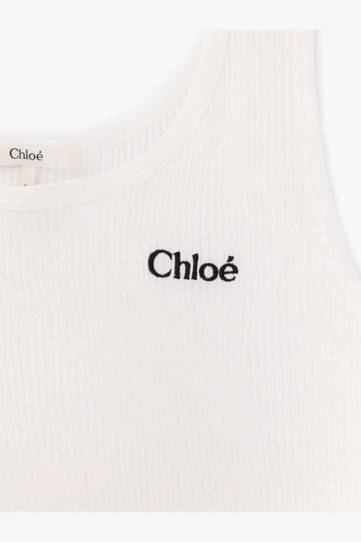 White ribbed cotton tank top for women with black embroidered chloé logo on the front