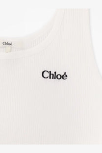 White ribbed cotton tank top for women with black embroidered chloé logo on the front