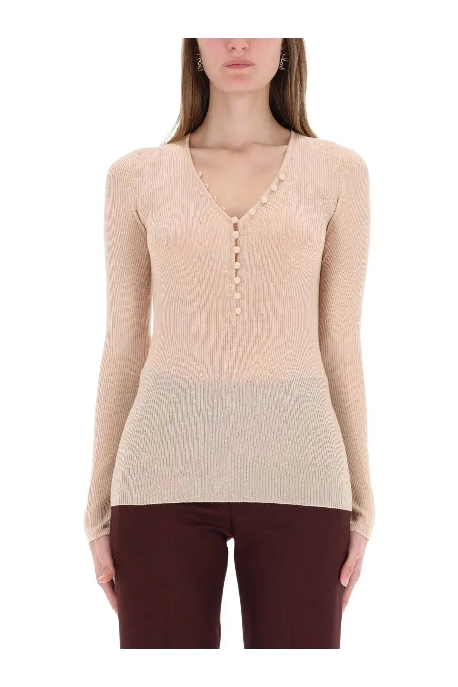 Beige ribbed knit long-sleeved sweater with v-neck and button details from Chloé womens ribbed knit collection