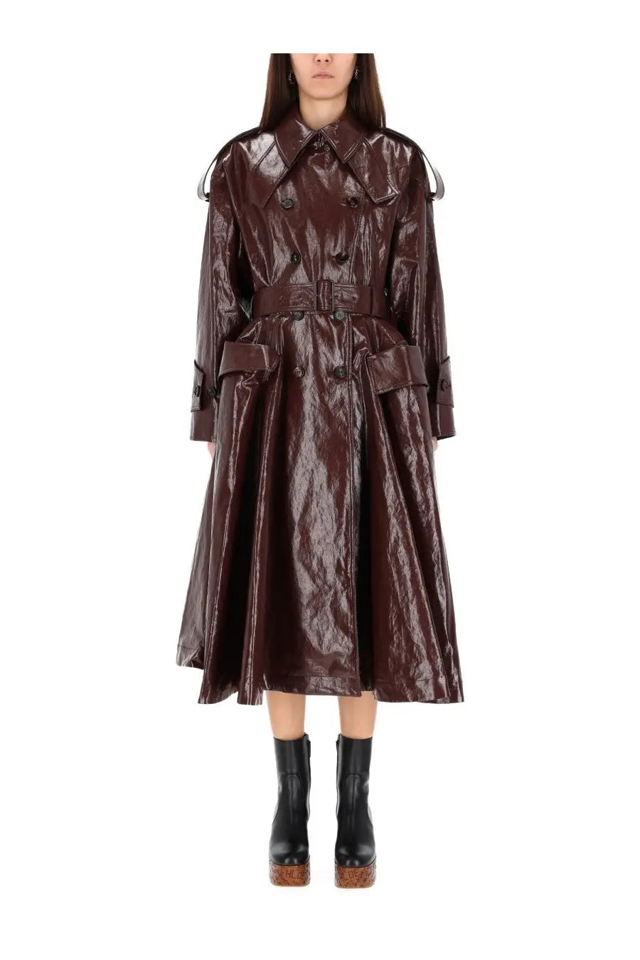 Chloé women’s riding coat purple glossy burgundy trench coat with structured collar belted waist and wide shoulder straps