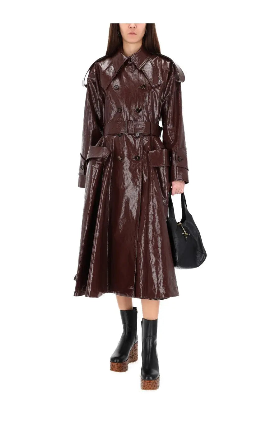 Chloé women’s chocolate-brown glossy trench coat with structured collar double-breasted front and wide shoulder pads