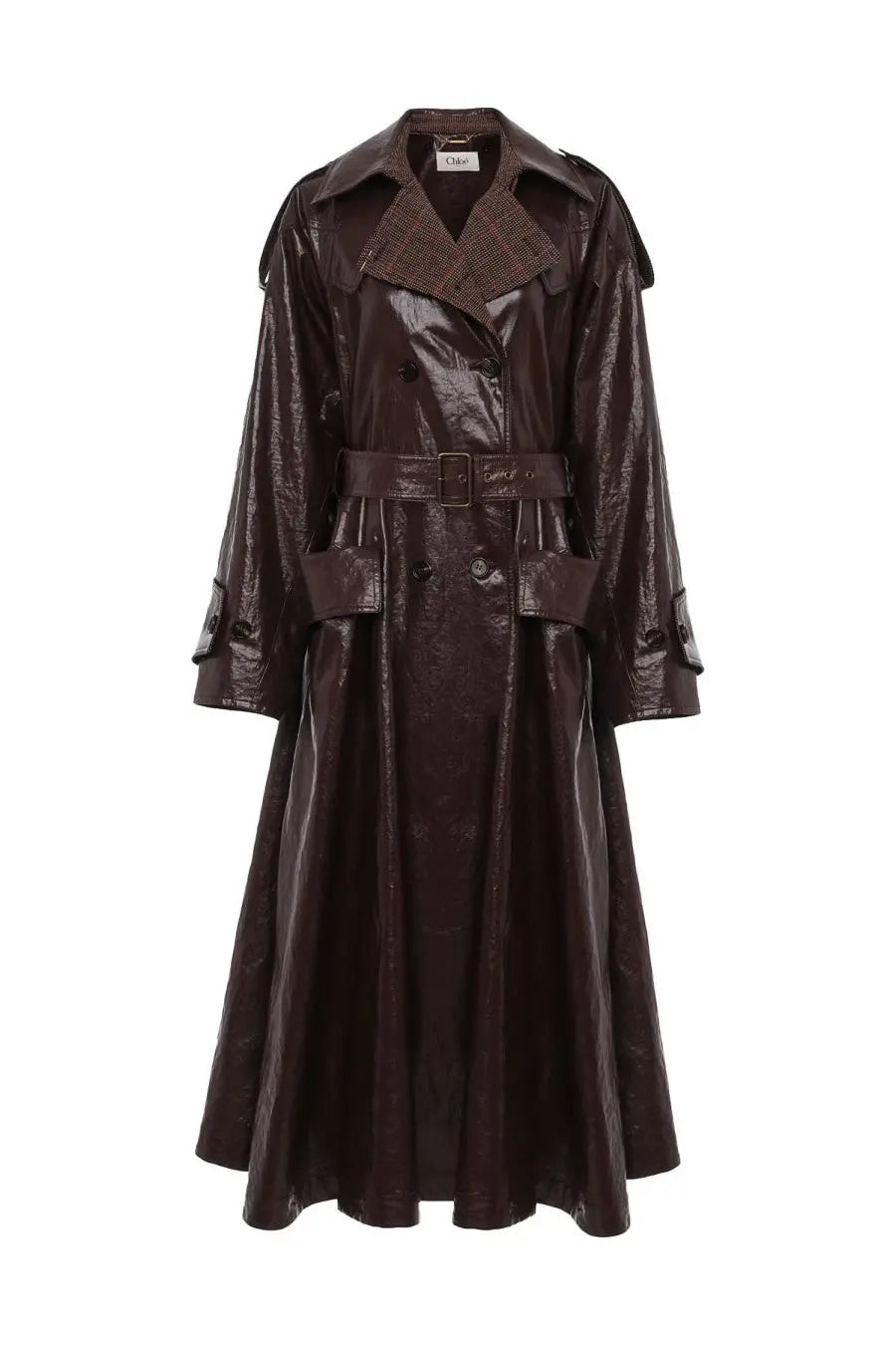 Chloé women’s riding coat purple with glossy dark brown leather, textured collar, and matching belt