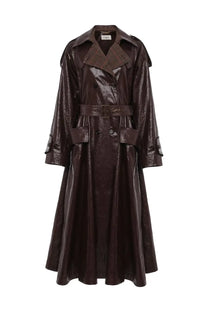 Chloé women’s riding coat purple with glossy dark brown leather, textured collar, and matching belt