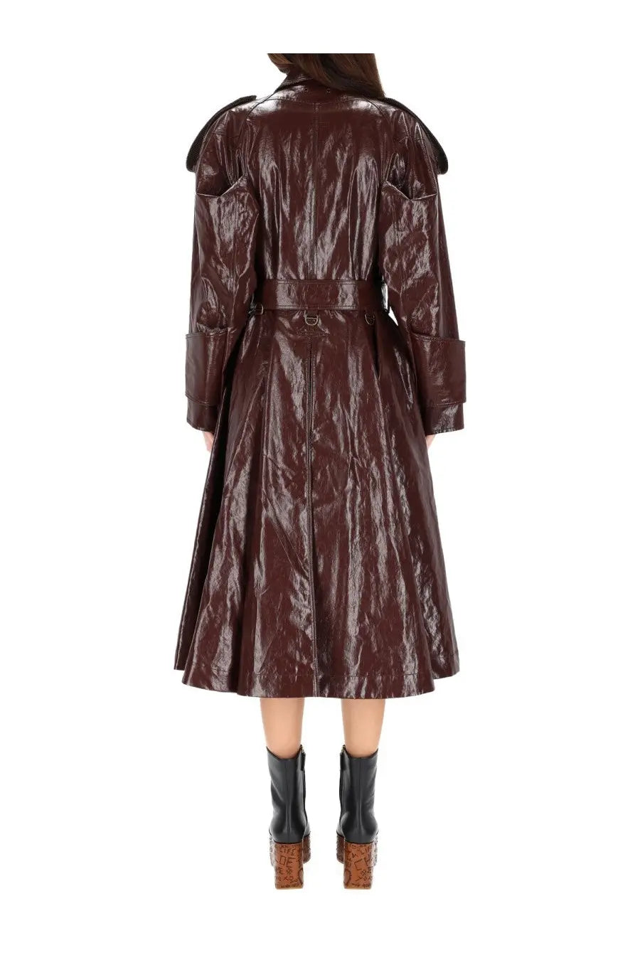 Chloé women’s riding coat purple glossy dark brown trench coat with crinkled texture and structured shoulders