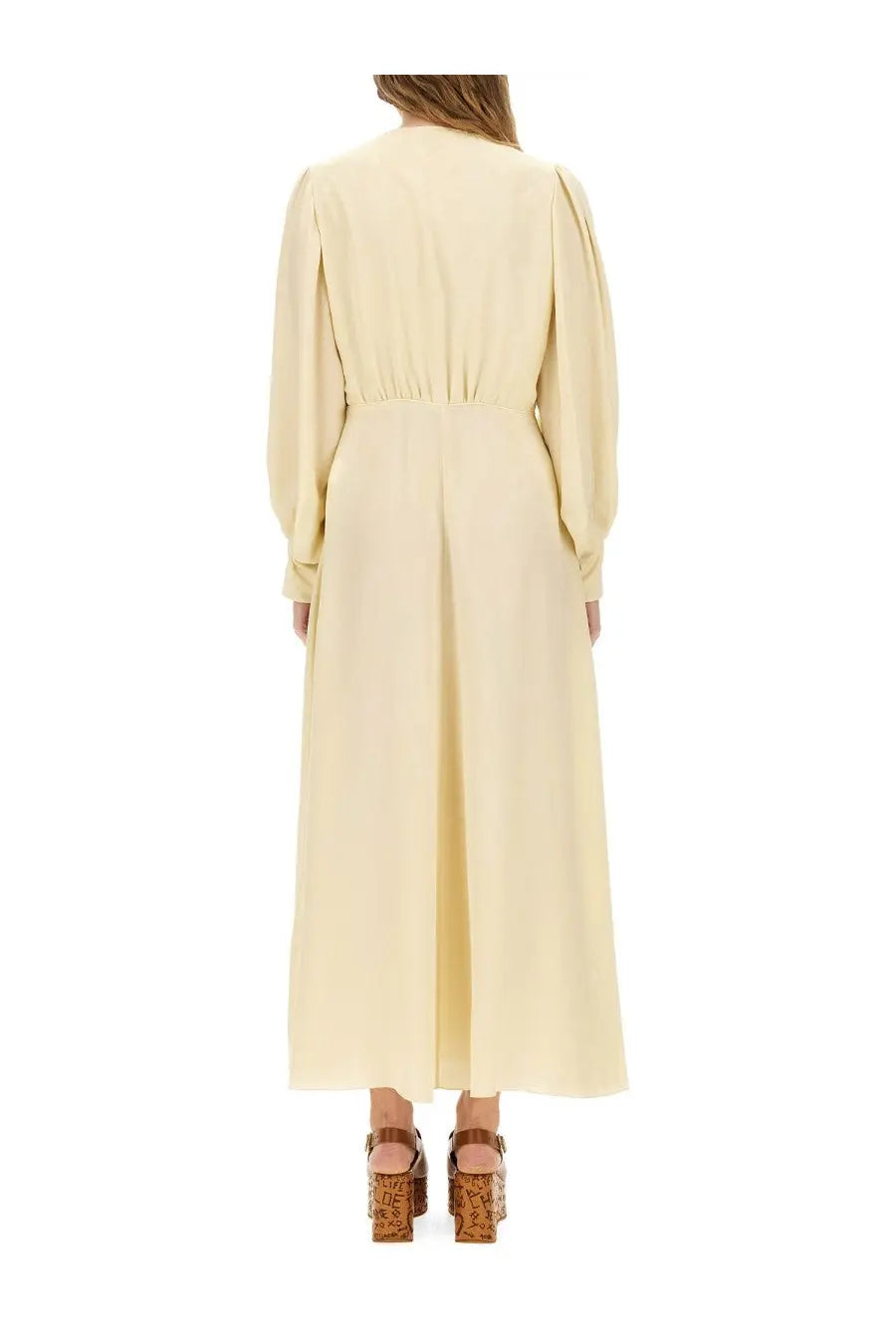 Chloé women’s ruched silk dress yellow flowing pale yellow long-sleeved midi dress with gathered waist and soft fabric