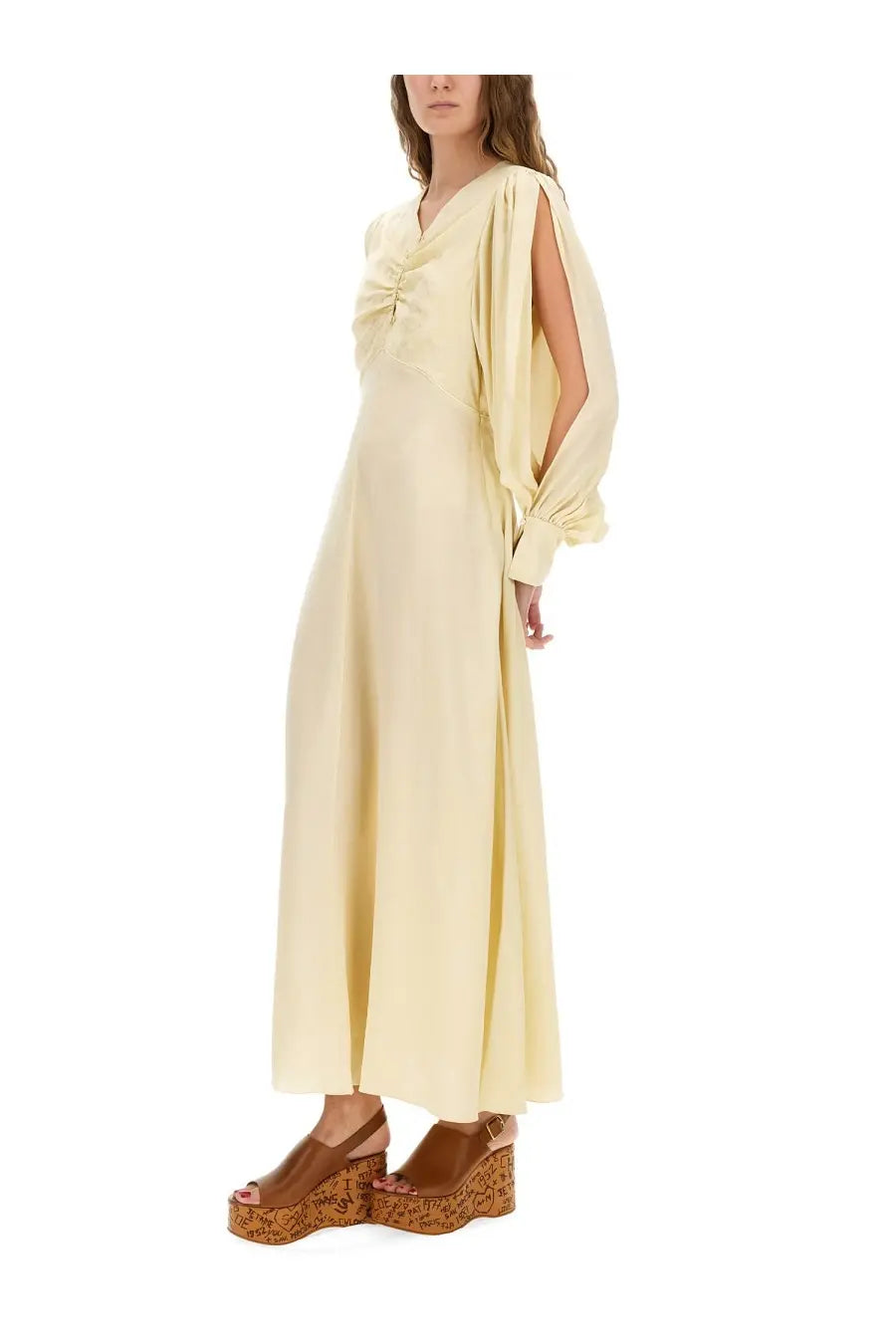 Chloé women’s ruched silk dress yellow flowing pale yellow satin maxi dress with draped asymmetrical sleeve and gathered neckline