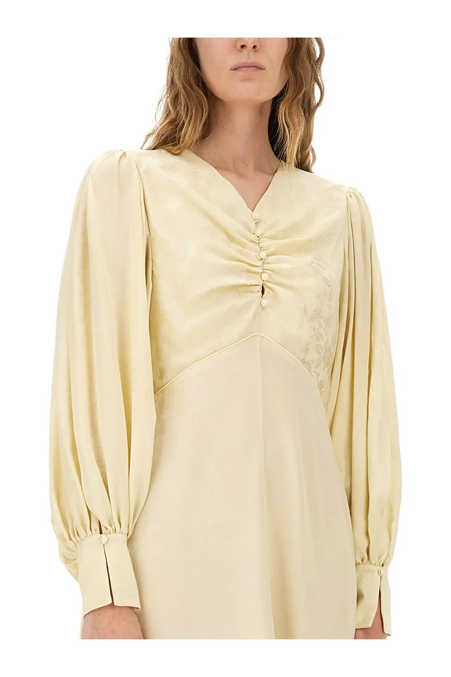 Chloé women’s ruched silk yellow dress in soft cream satin with long puffed sleeves and v-neckline button details