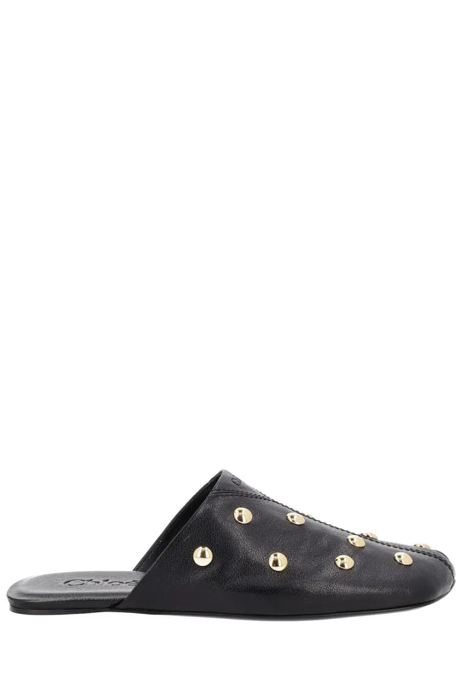 Chloé women’s sabot rita black black leather mule slip-on shoe with gold-tone stud embellishments