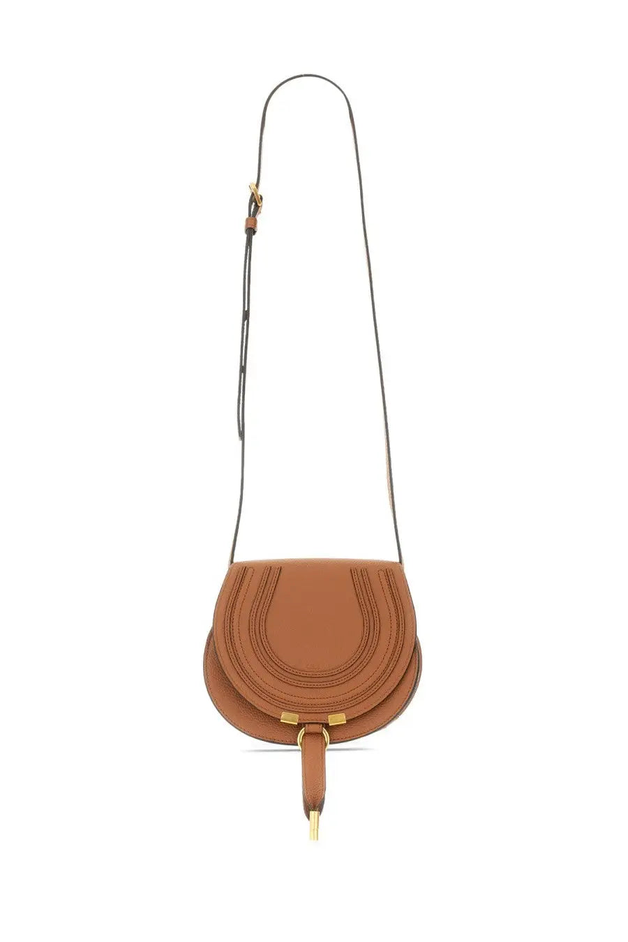 Chloé women’s small brown saddle marcie bag in tan leather with gold-tone hardware and curved stitched design