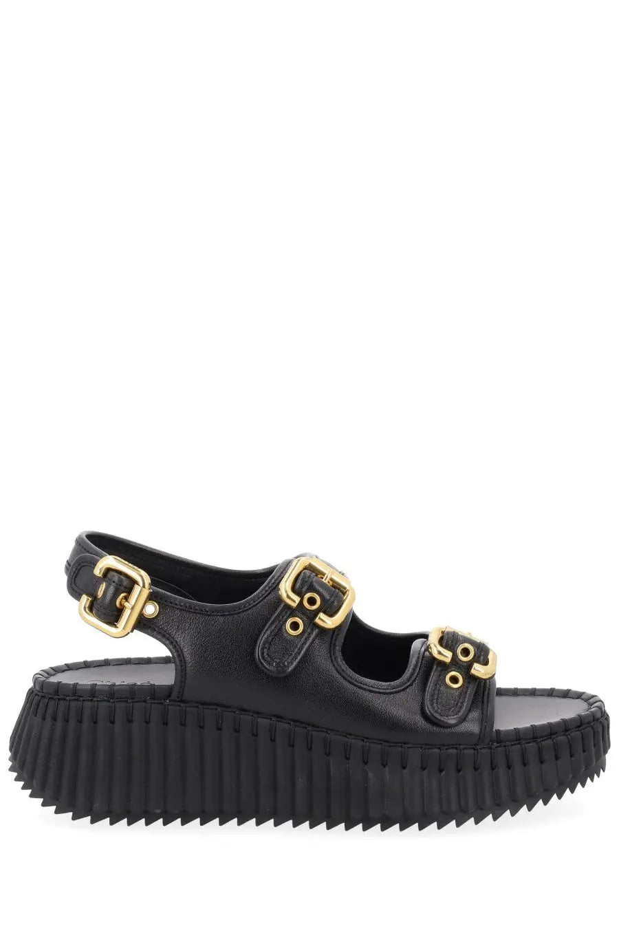 Chloé women’s sandal Nama black platform sandal with three gold-tone buckle straps and ridged textured sole