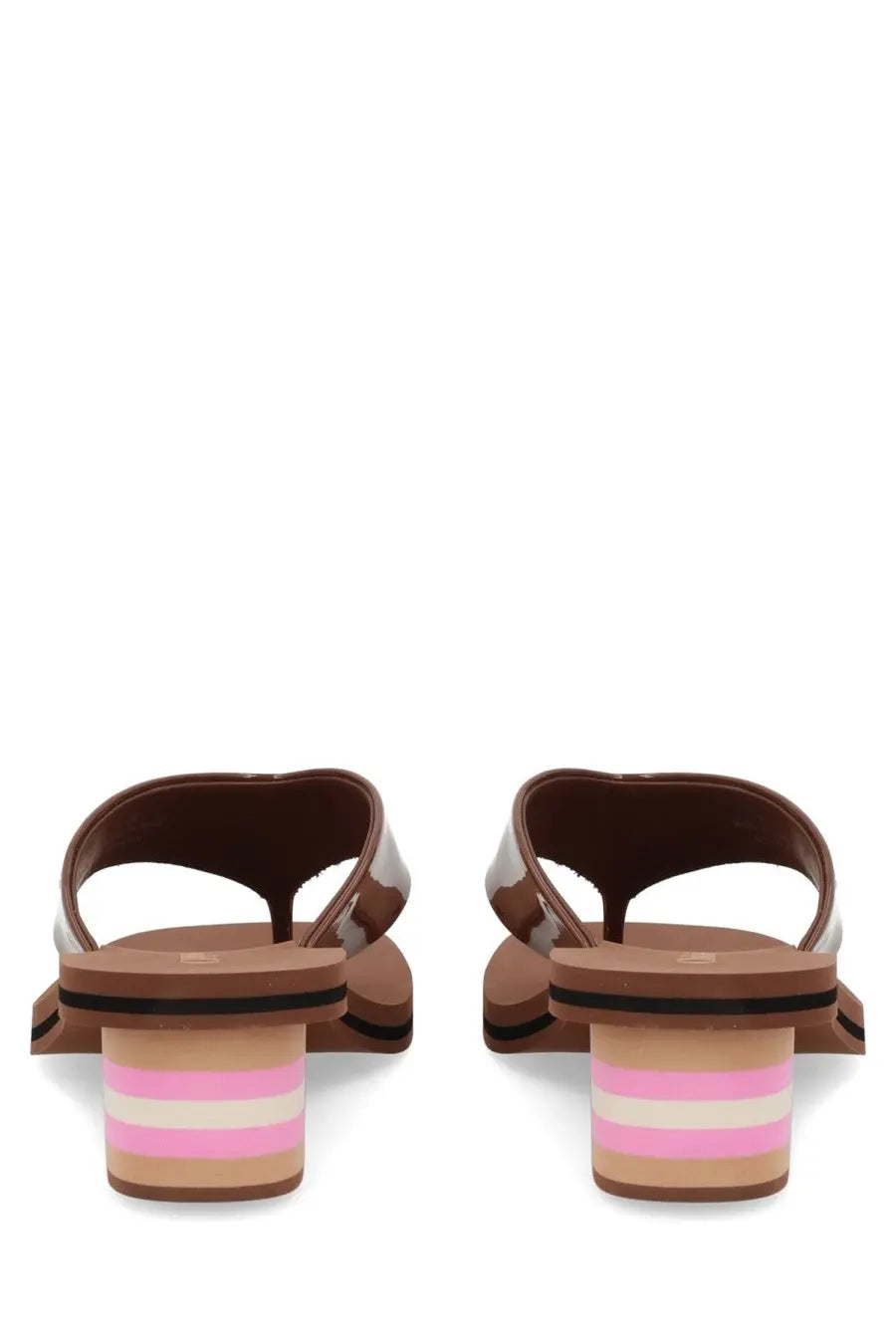 Chloé women’s brown flip-flops with glossy finish and striped pastel pink and beige wedge heels shown from the back