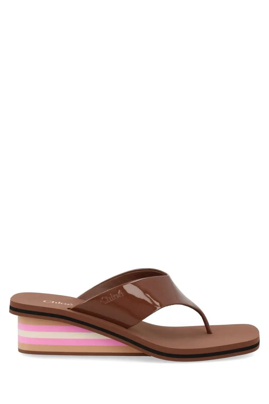 Chloé women’s sandalo con zeppa swimming cool brown thong sandal with brown glossy patent leather and colorful striped wedge heel
