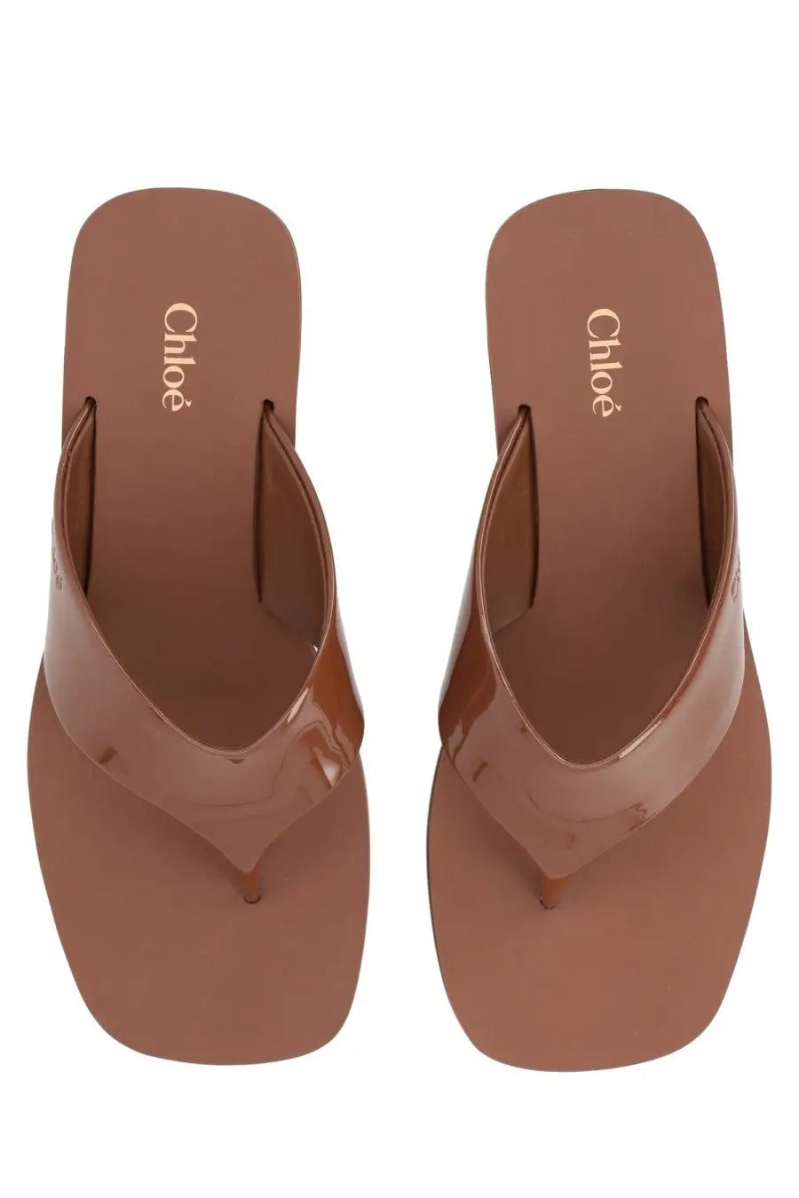 Brown glossy rubber flip-flops with square toe and chloé embossed insole from chloé women’s sandalo con zeppa swimming cool brown