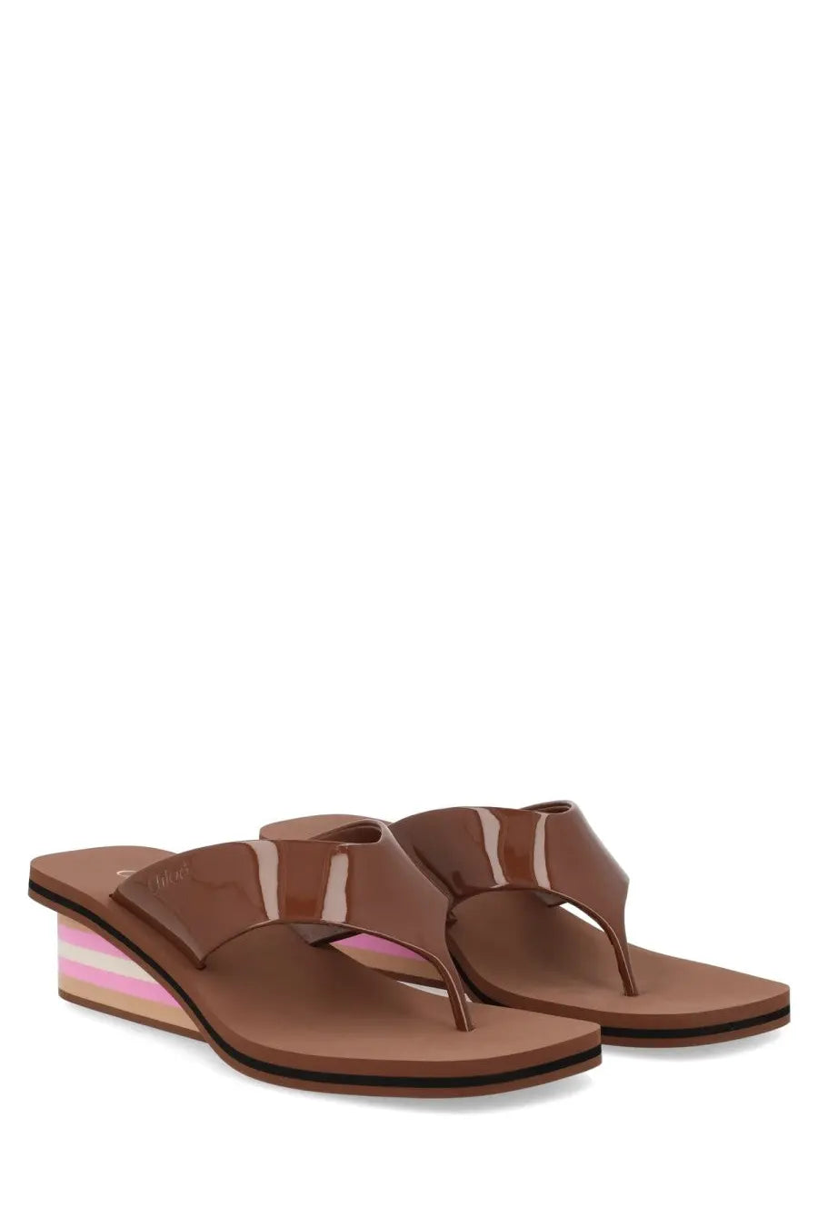 Chloé women’s brown wedge flip-flops with glossy finish and colorful striped heel for casual summer wear