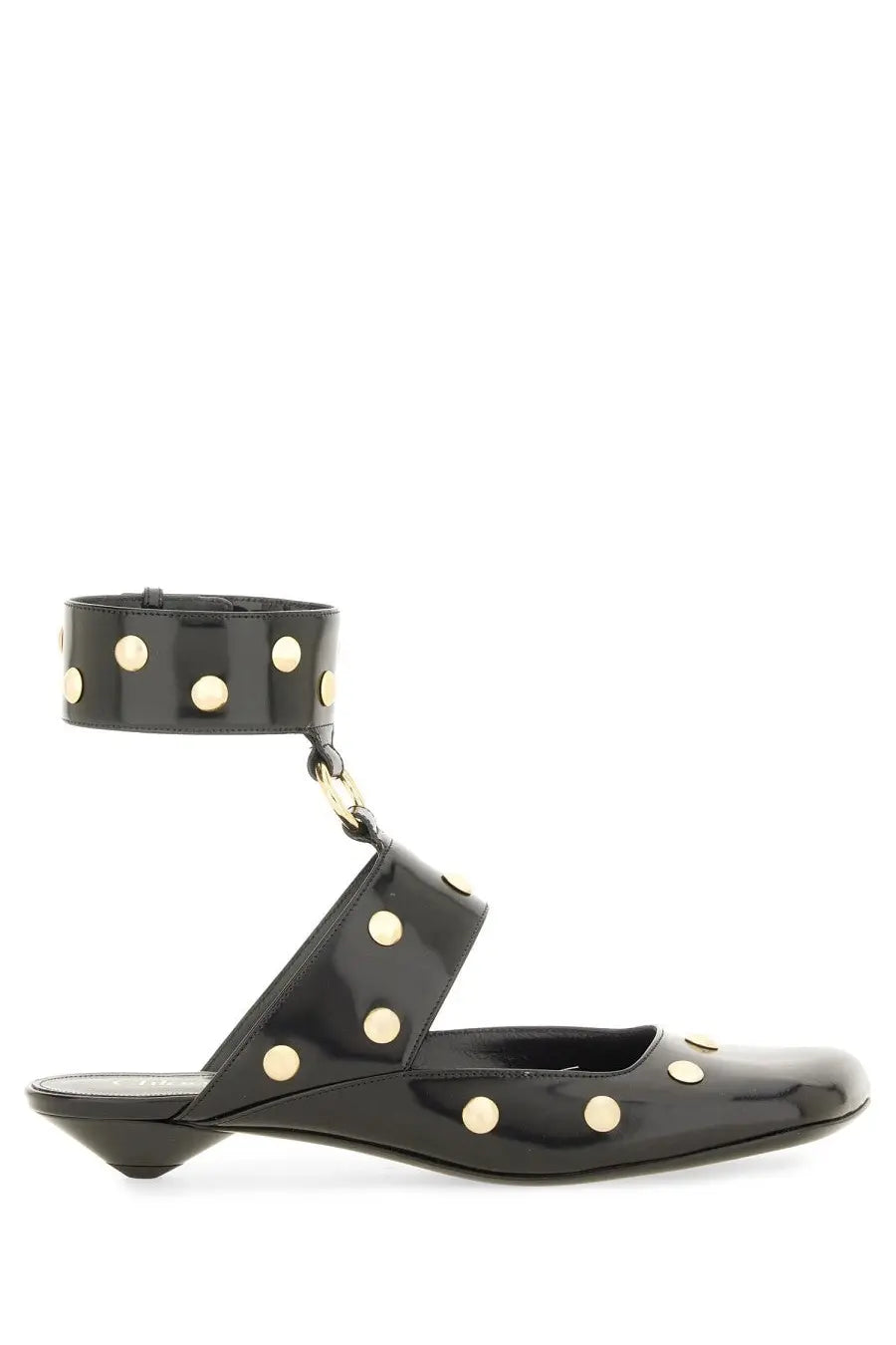 Chloé women’s sandalo jade black patent leather ankle strap sandal with gold-tone circular studs front view