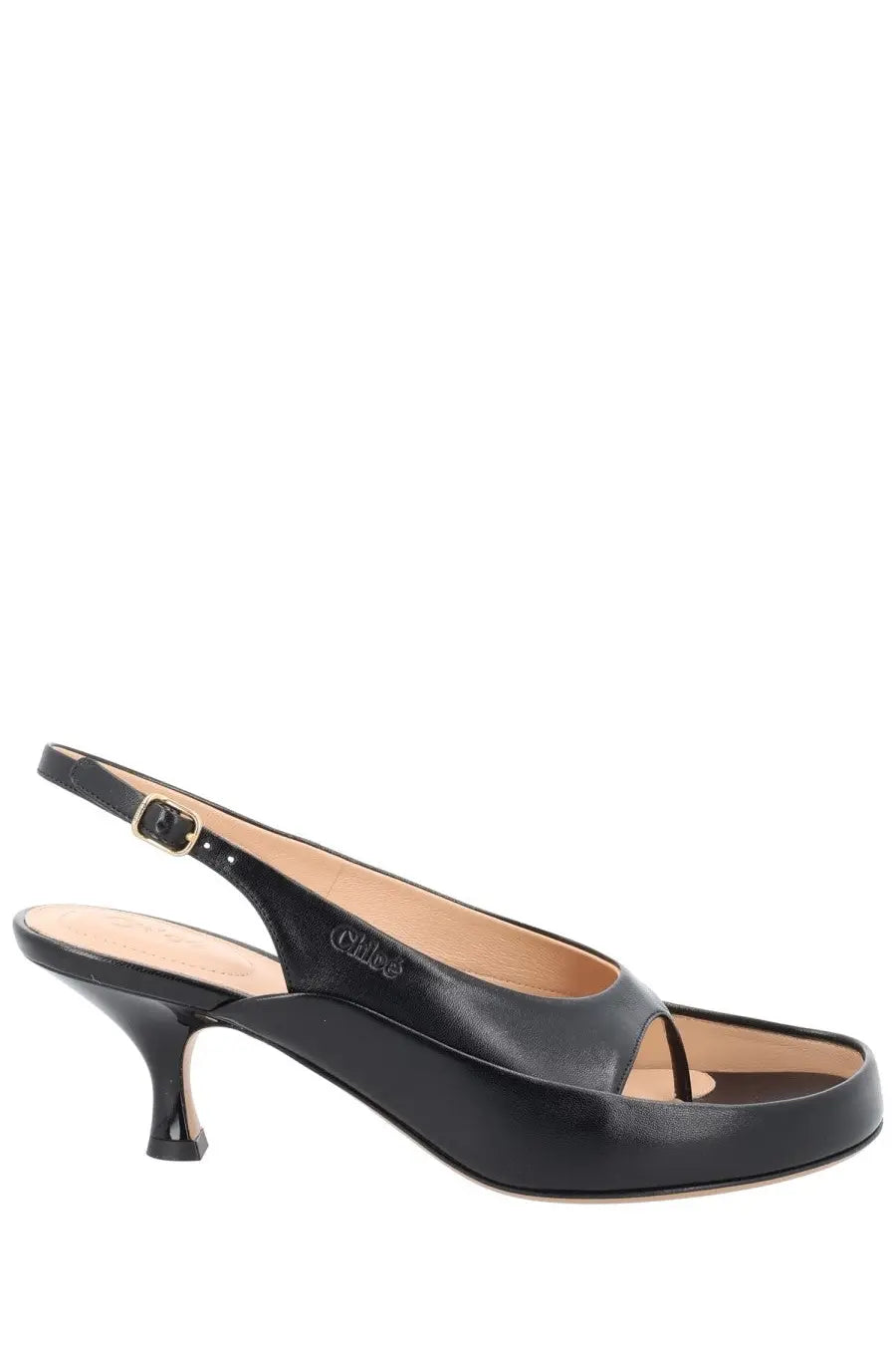 Chloé women’s black leather sandalo junie con tacco slingback pump with slender heel and open toe design