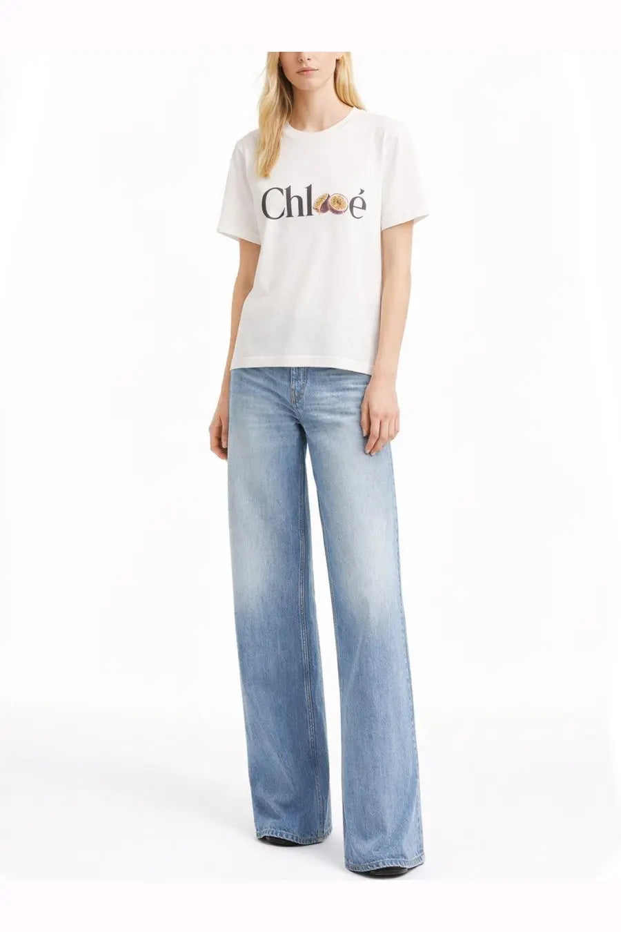 White chloé women’s t-shirt with black and brown logo print on soft cotton fabric perfect for casual wear