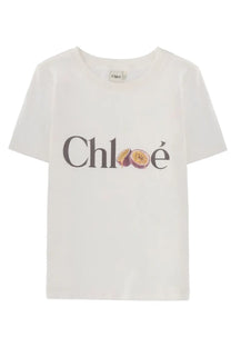 Chloé women’s off-white t-shirt with bold black logo featuring passion fruit illustrations in place of letters
