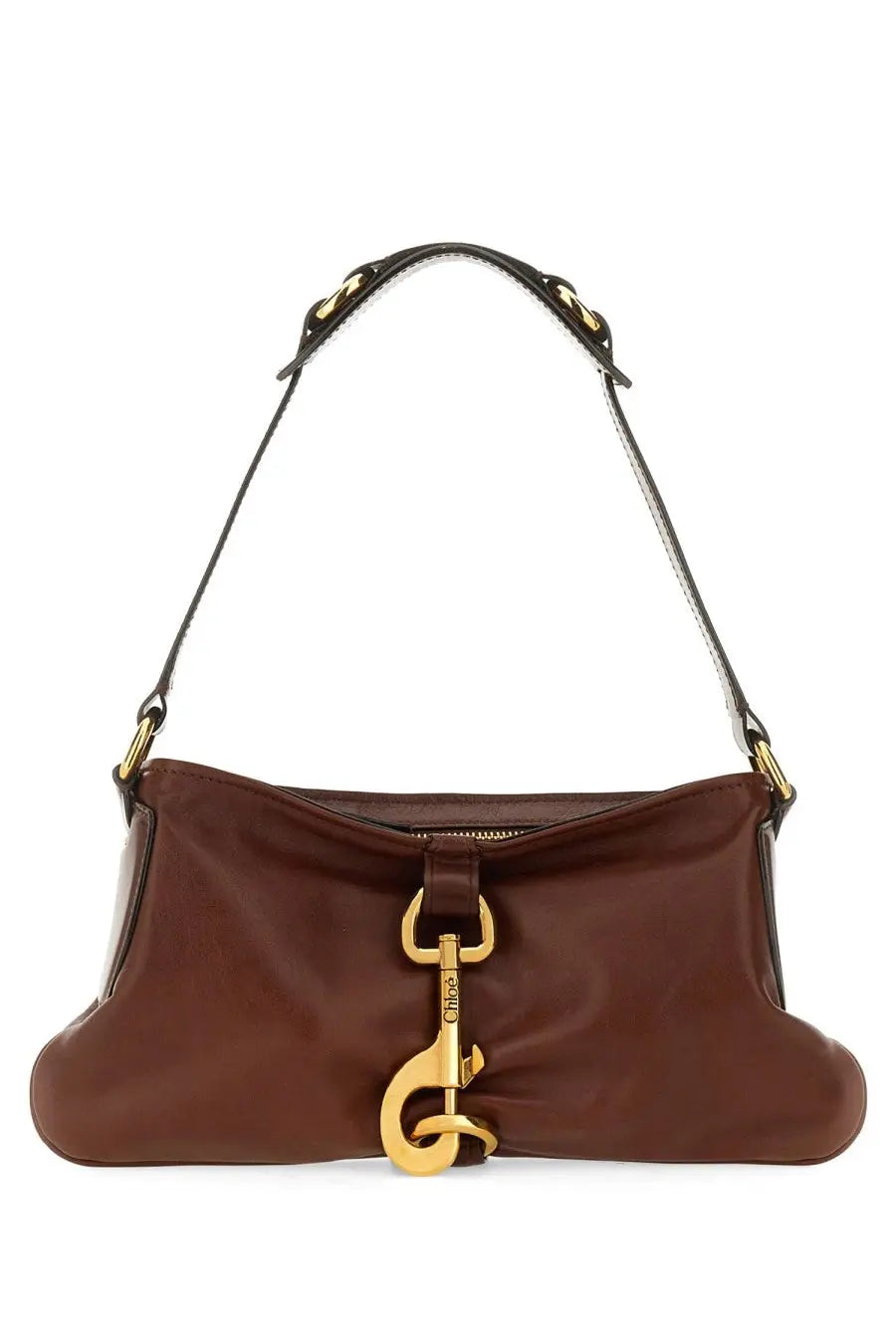 Chloé women’s shoulder bag in beige brown leather with gold key-shaped clasp and black adjustable strap