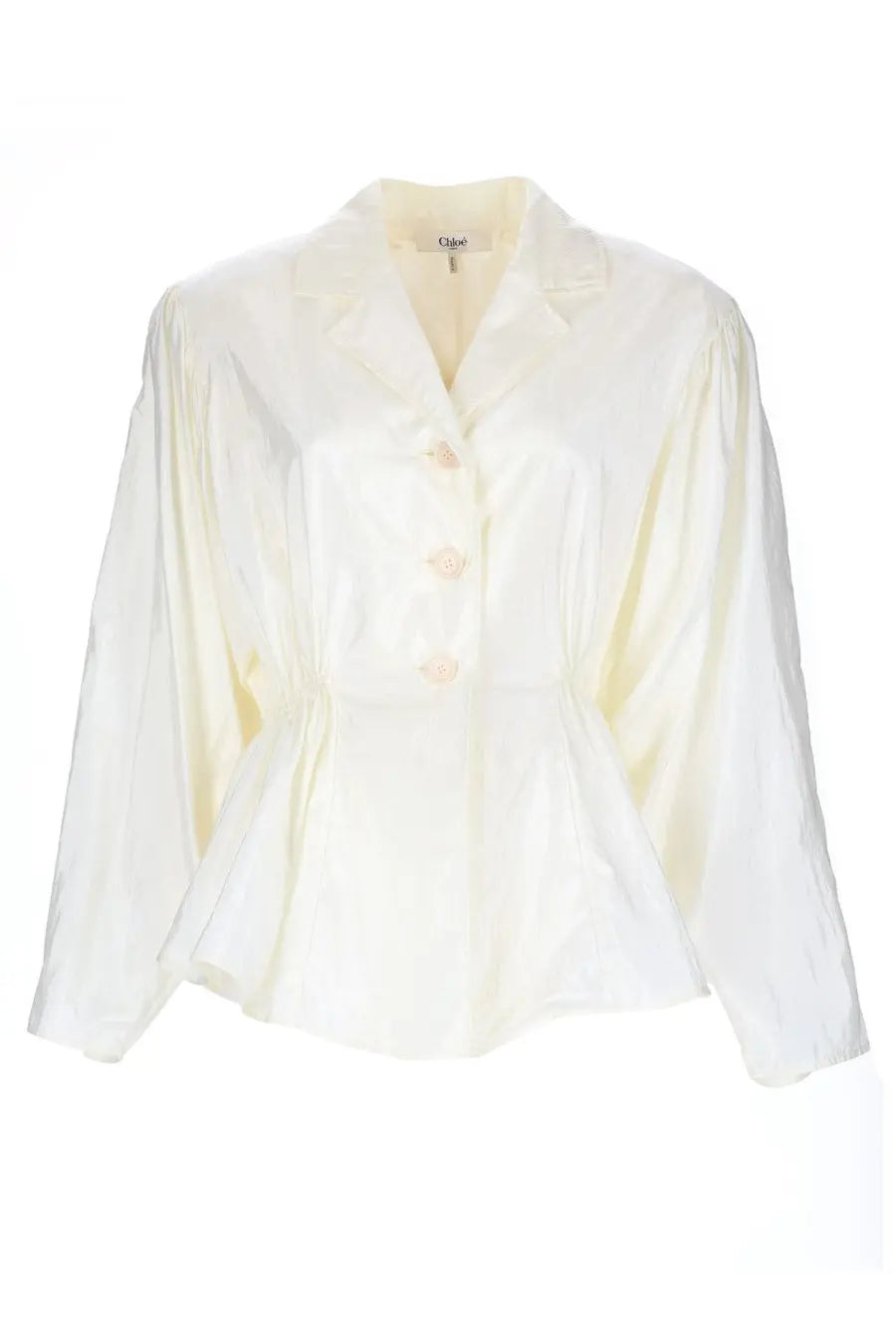 Cream-colored chloé blazer with silk blend fabric, peplum hem, and button closures for women