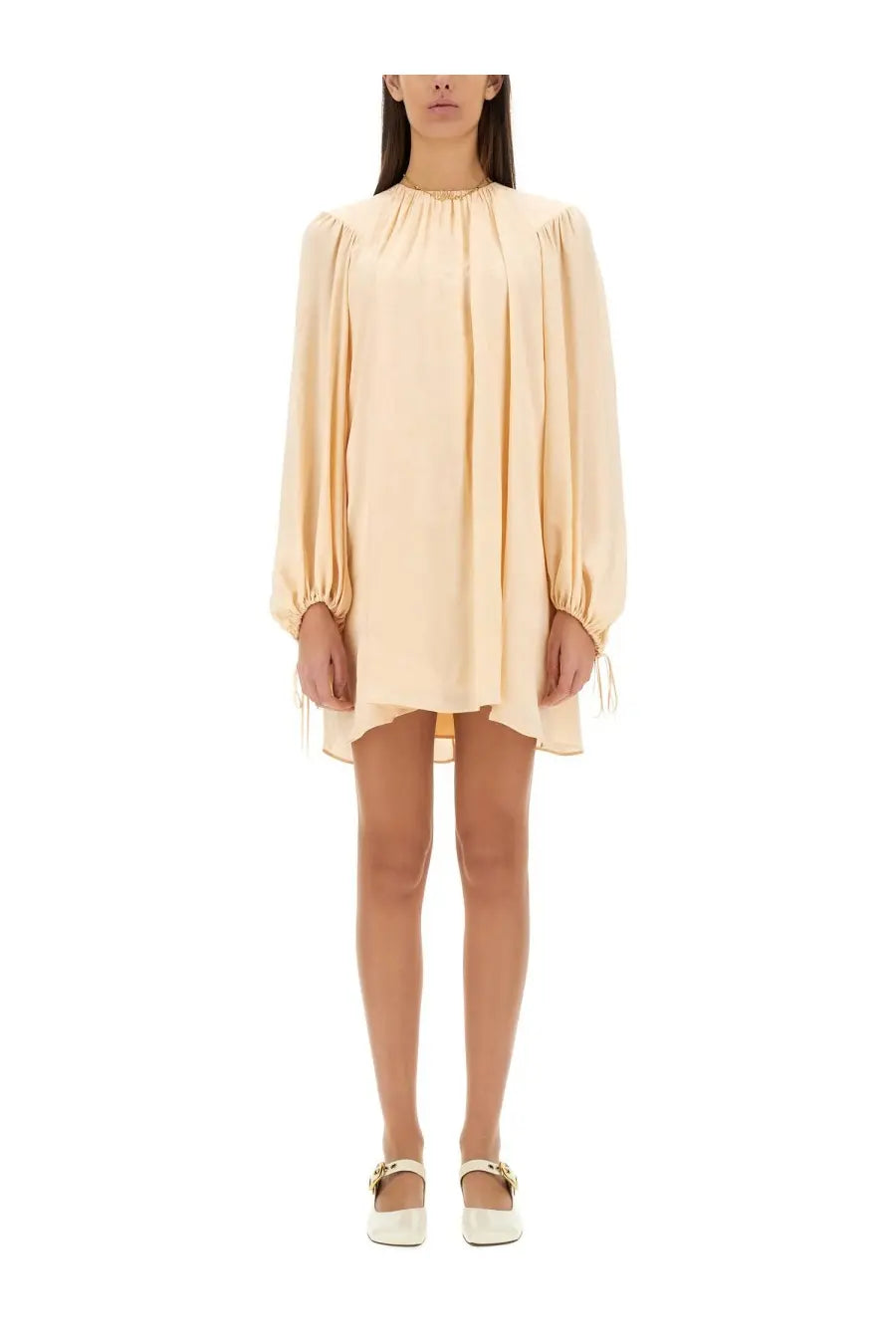 Chloé women’s silk shirred mini dress in soft beige with puffed long sleeves and gathered neckline