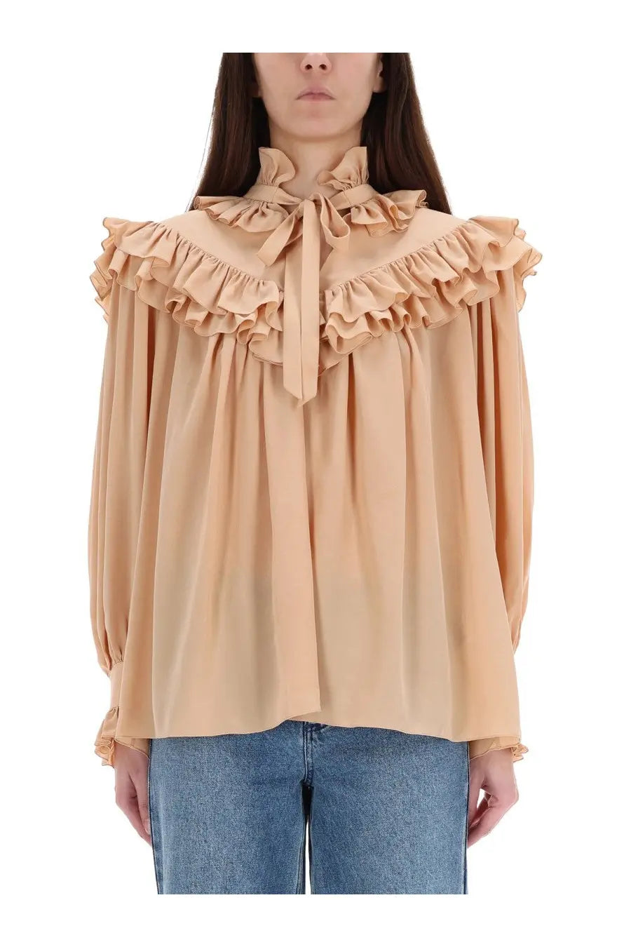 Beige ruffled blouse with tied bow collar and long sleeves made of silk by Chloé for women