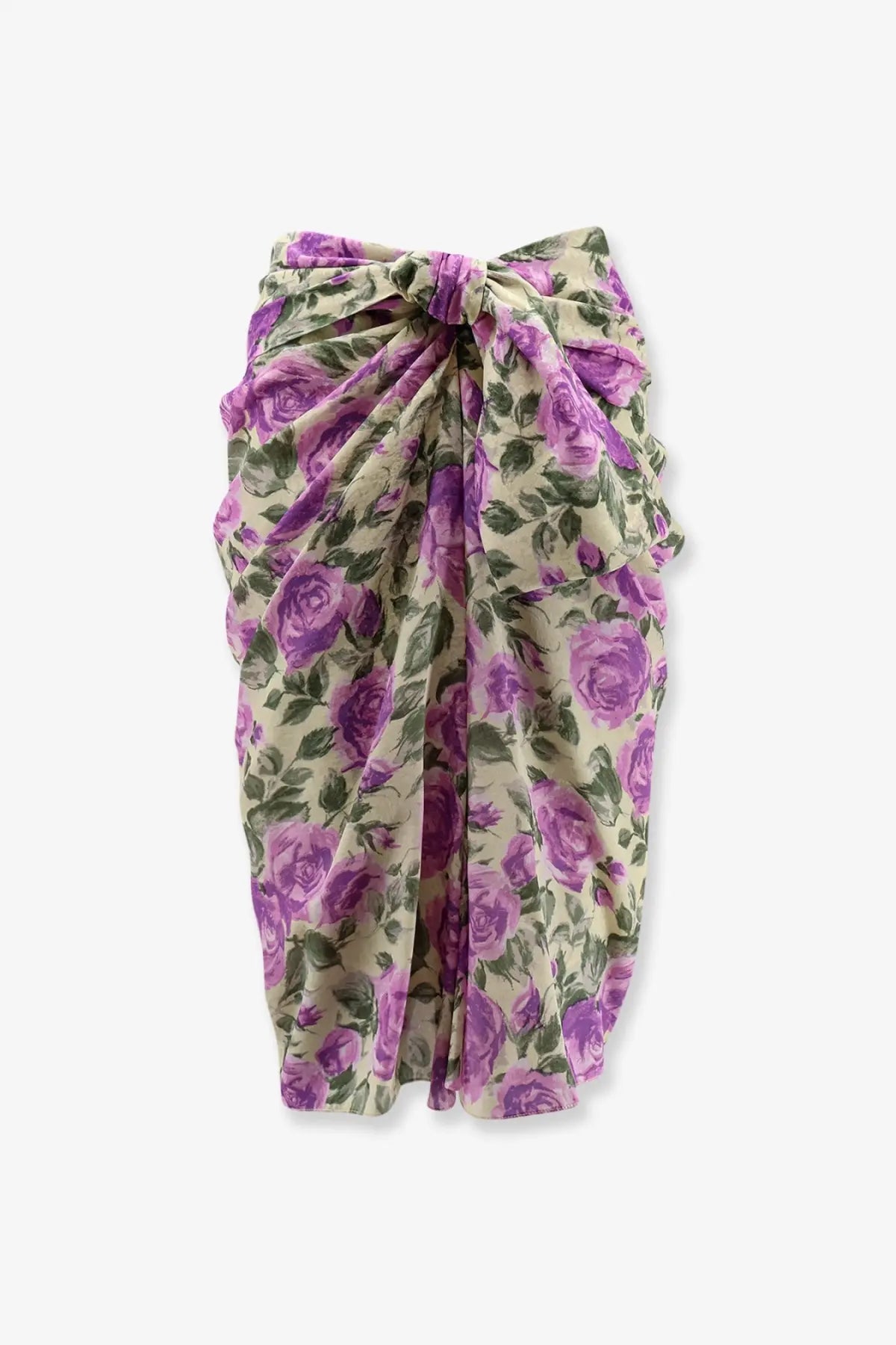 Chloé women’s silk wrap skirt in yellow with a flowing lavender and green floral print tied at the waist