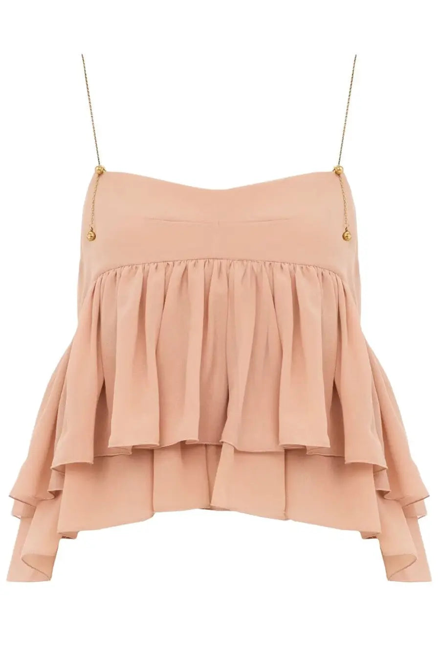 Chloé women’s blush pink silk crop top with tiered ruffles and thin gold chain straps with gold bead accents