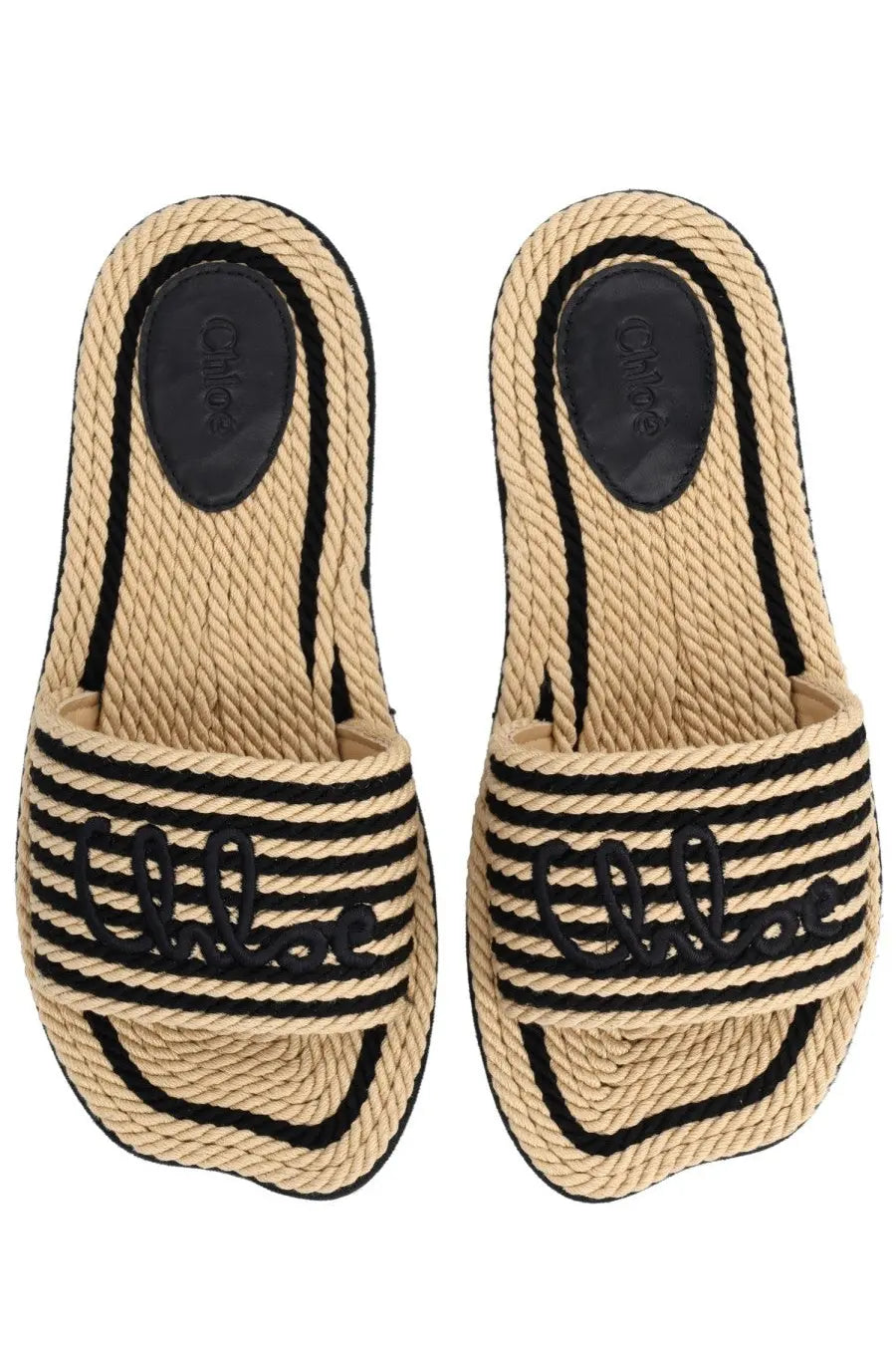 Beige and black rope sandals with chloé embroidered on striped pattern in chloé women’s slide sand black