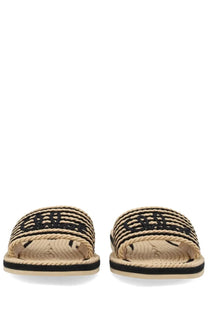 Beige and black woven espadrille slide sandals by Chloé with braided rope design for women
