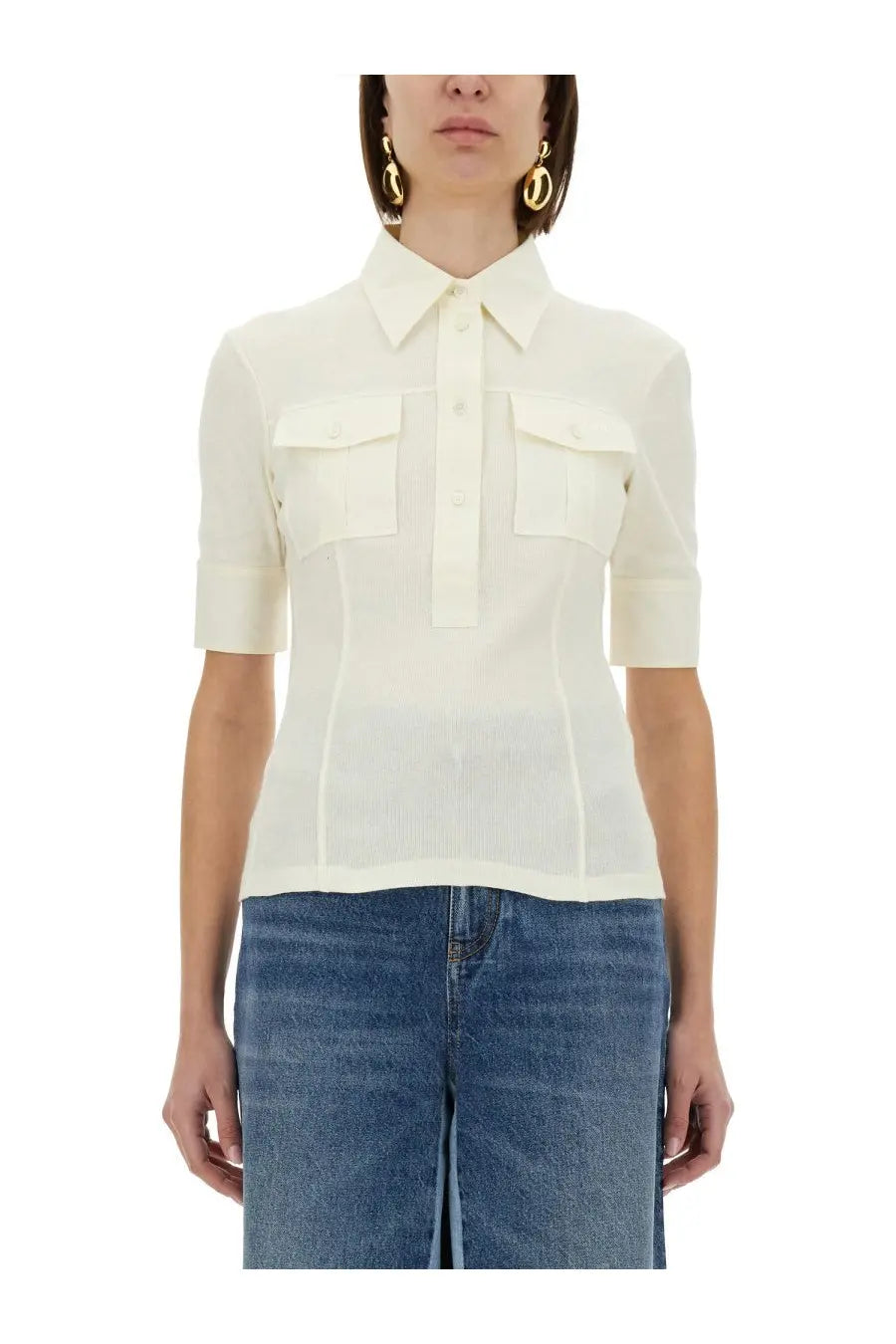 Chloé women’s slim fit polo white cream-colored short-sleeved blouse with collar button-front and chest pockets