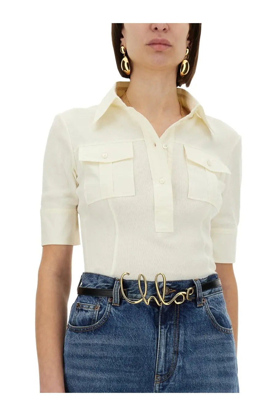 Gold-tone chloé branded belt buckle with sleek cursive design on chloé women’s slim fit polo white