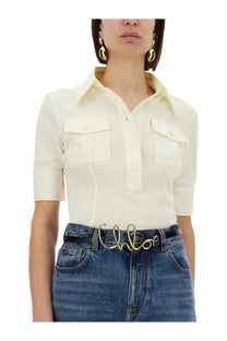 Gold-tone chloé branded belt buckle with sleek cursive design on chloé women’s slim fit polo white