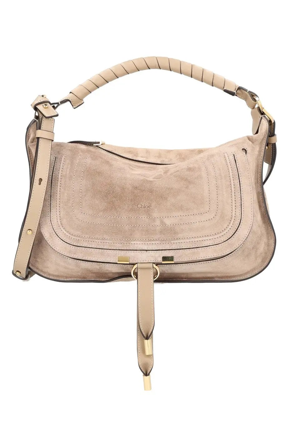 Chloé women’s small Marcie bag in beige suede with braided top handle and gold-tone hardware