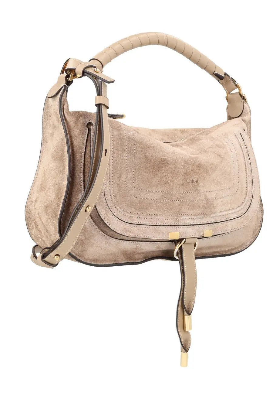 Beige suede Chloé women’s small Marcie bag with gold-tone hardware and curved top handle