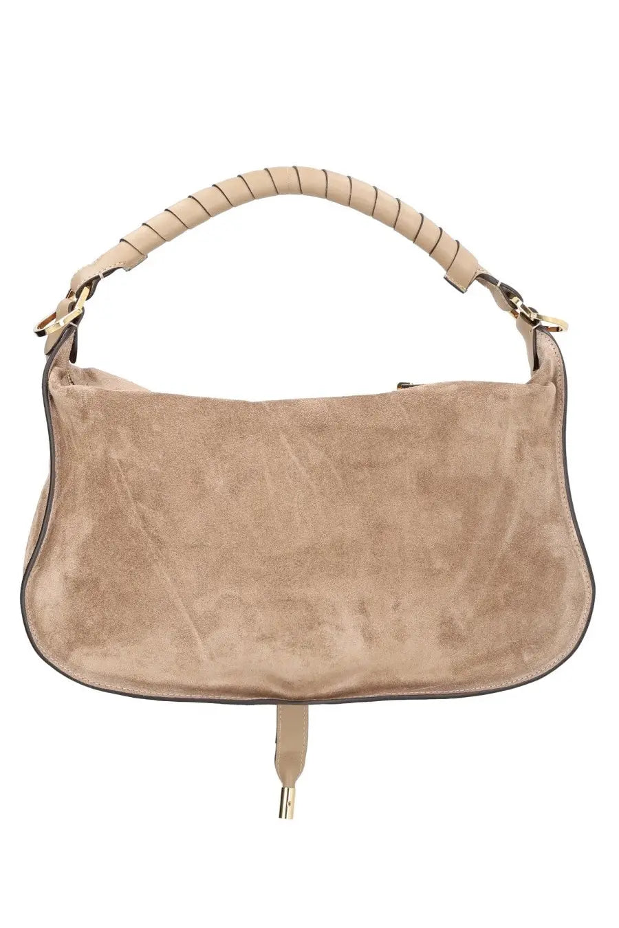 Beige suede hobo bag with braided leather handle and gold tone hardware from chloé women’s small marcie bag collection