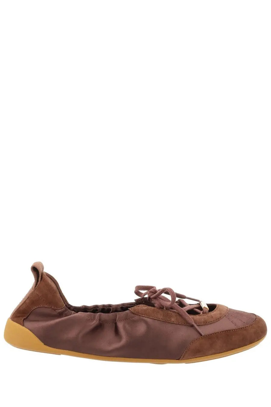 Brown suede and satin flat shoe with tan rubber sole from chloé women’s sneaker ballerina chloé kick brown collection