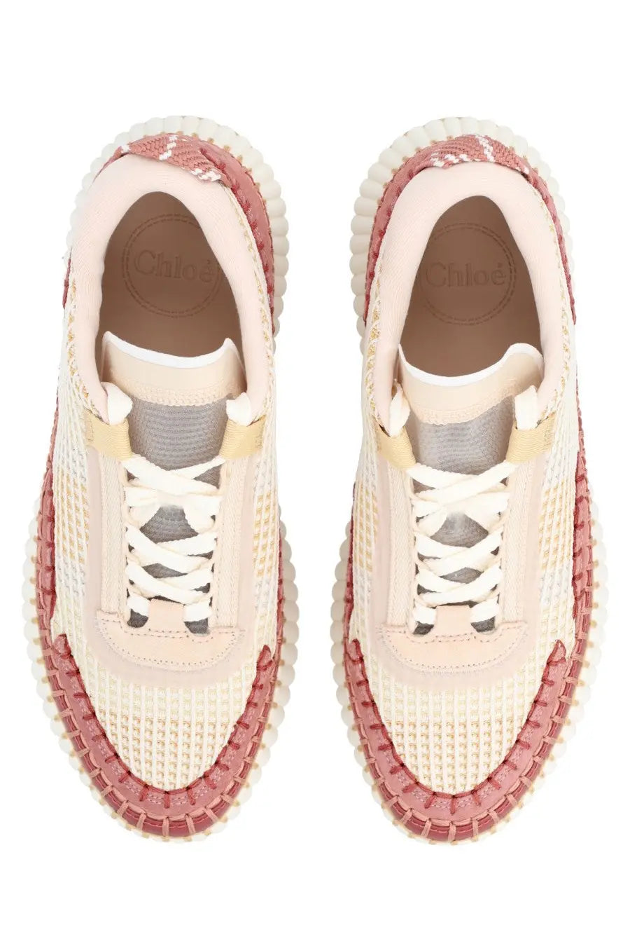 Chloé women’s sneaker Nama beige cream and dusty rose woven sneakers with textured chunky sole front view